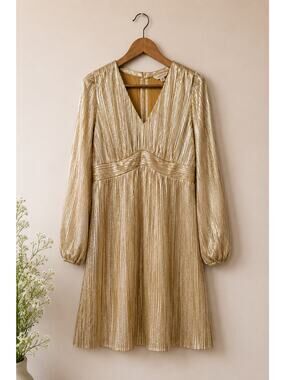 Babydoll Gold Metallic Maternity Dress Size M Ballon Sleeve Formal Y2K V Neck